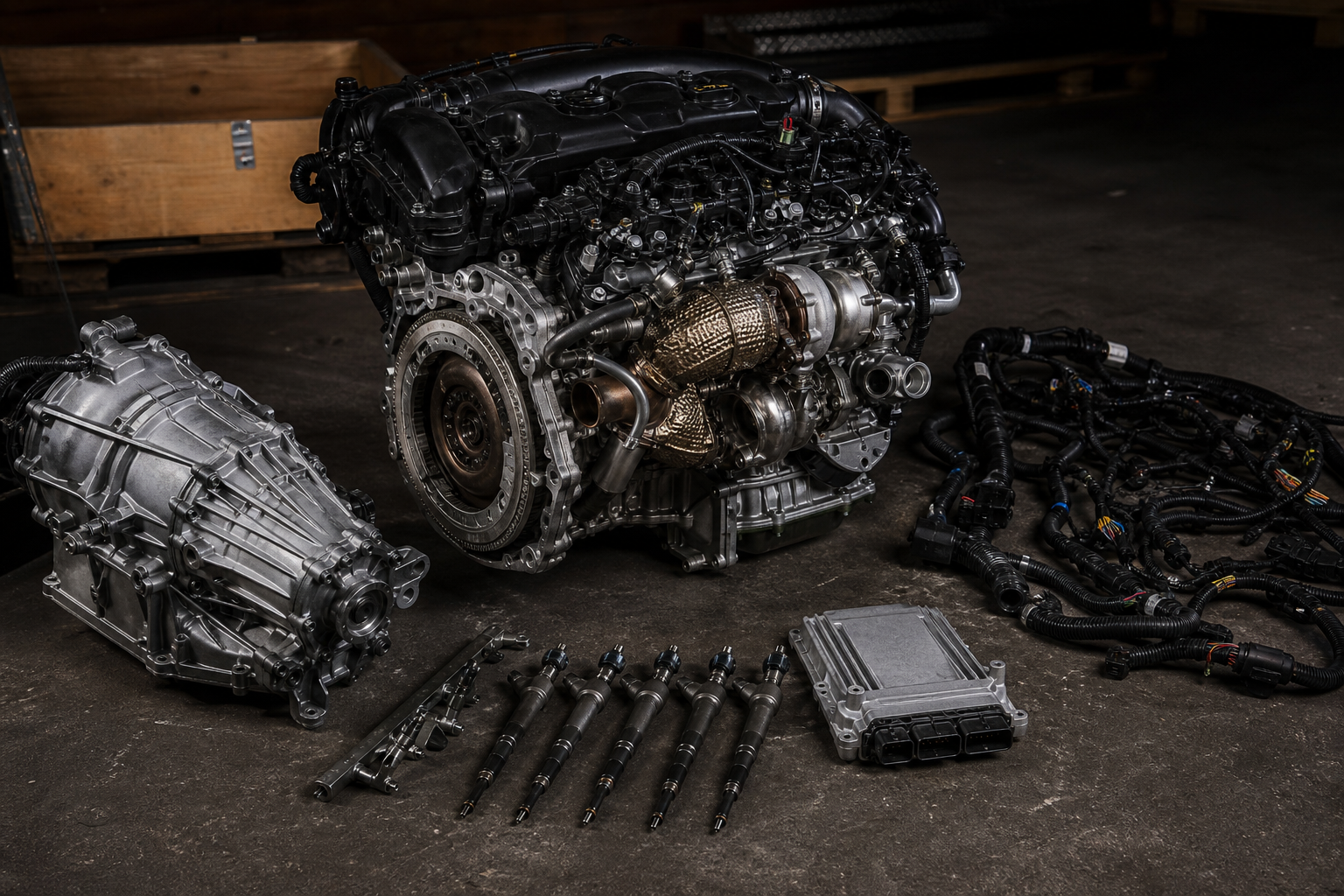 Complete BMW engine with turbo DME and wiring harness