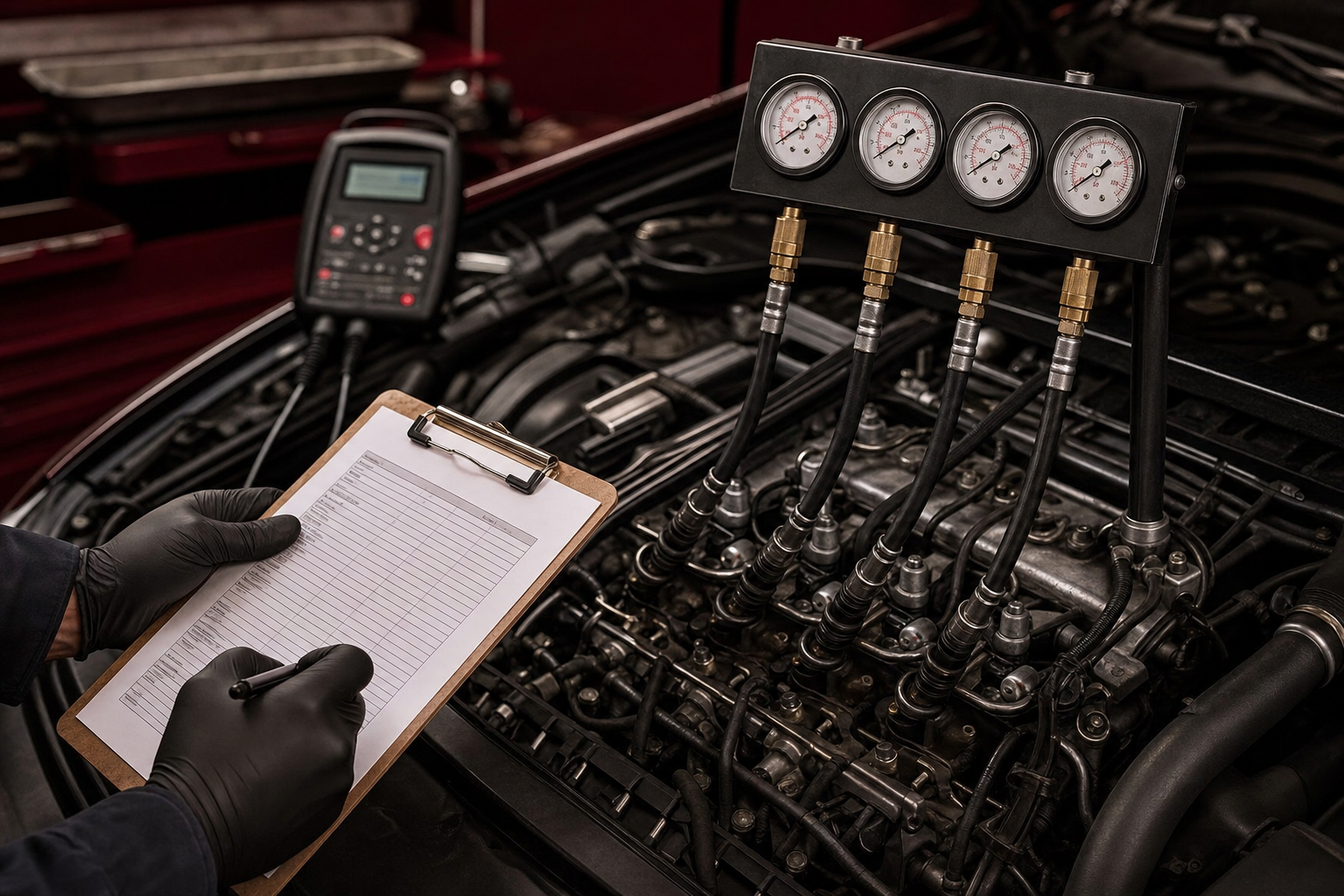 BMW diesel engine compression testing before dispatch