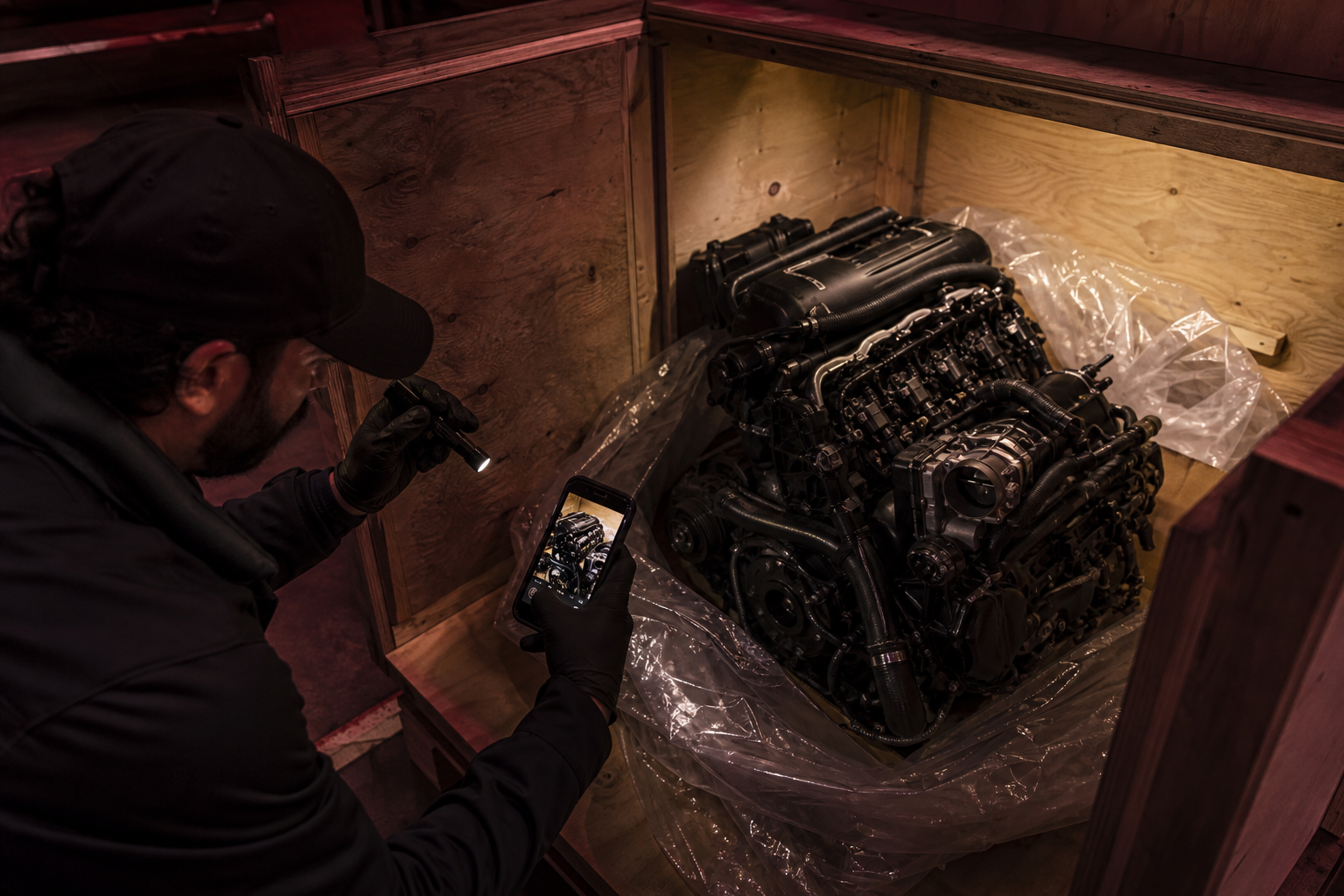 Inspecting BMW engine on arrival from shipping crate