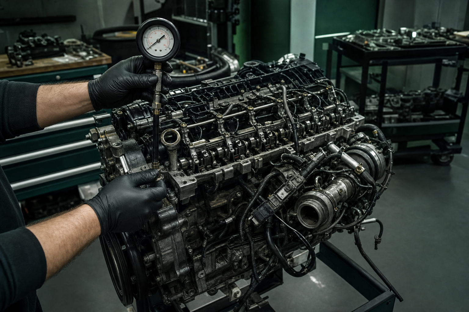BMW engine inspection and compression testing in Hamburg workshop