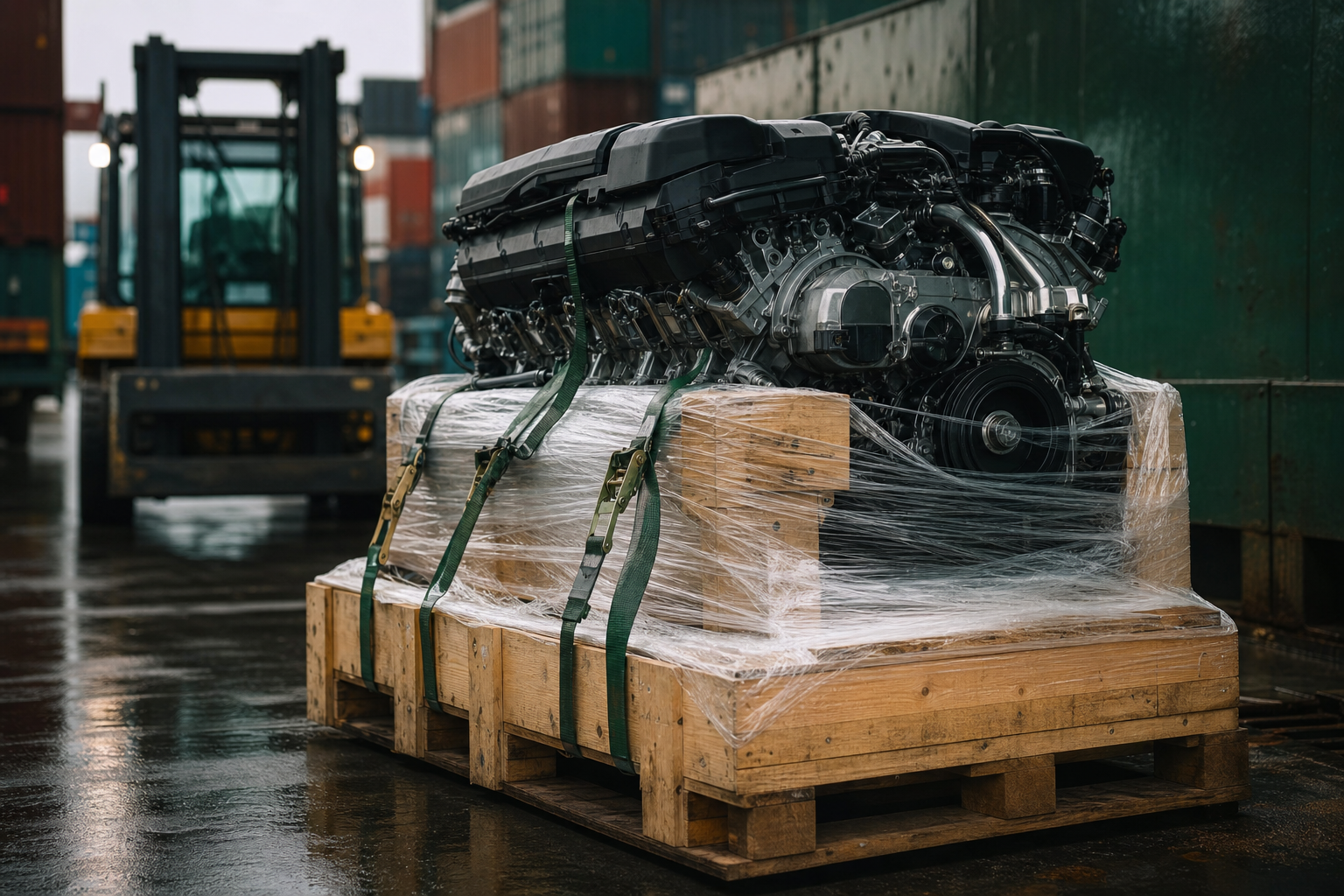 BMW engine crated on pallet for European freight shipping