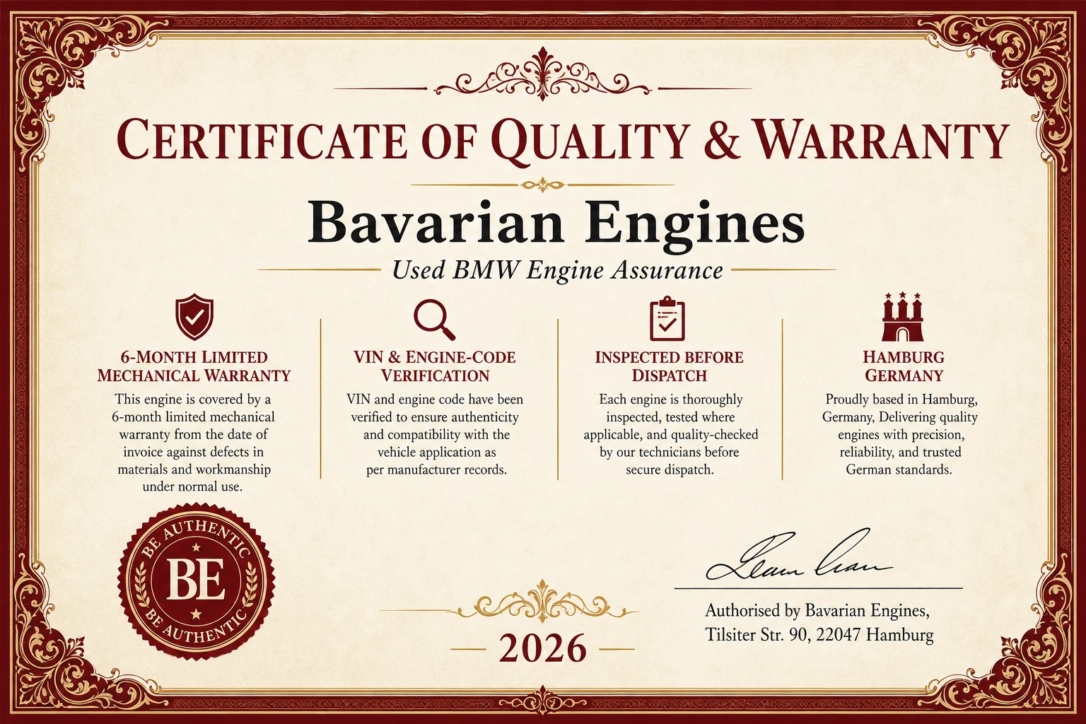 Bavarian Engines Certificate of Quality and Warranty for used BMW engines — 6-month limited mechanical warranty Hamburg